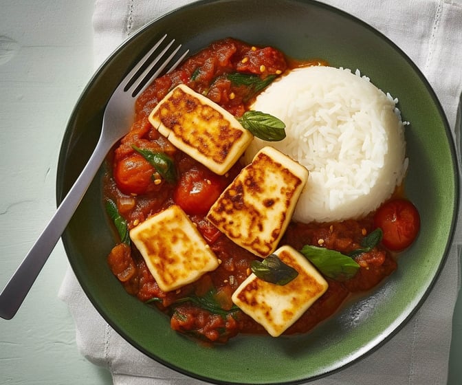 Halloumi i tomatsås med spenat